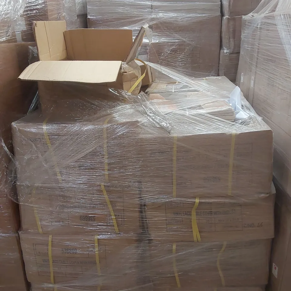 PALLET CONTAINING A VERY LARGE QUANTITY OF ASSORTED ITEMS INCLUDING: VINYL LACE TABLECLOTHS ECT