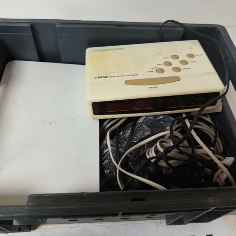 APPROXIMATELY 15 ASSORTED HOUSEHOLD PRODUCTS TO INCLUDE ALARM CLOCK , CABLES AND WIFI BOX