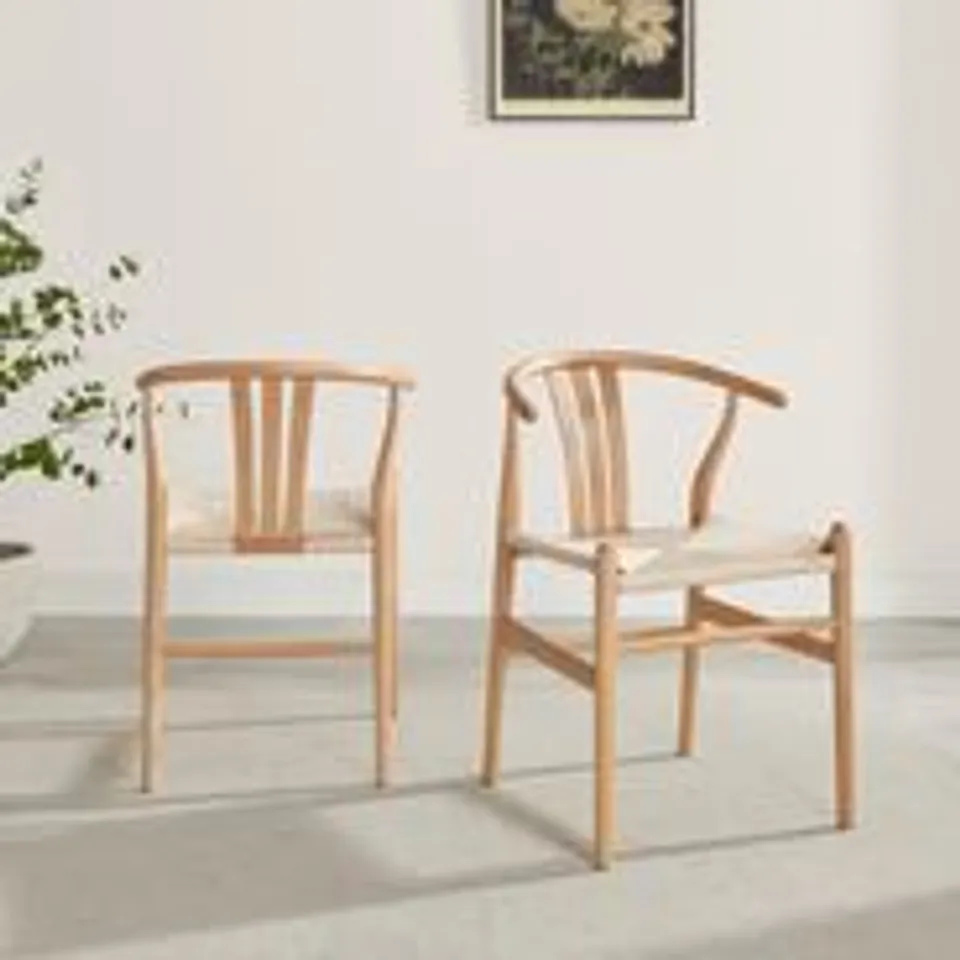 BOXED 2× CAIA OAK EFFECT WOOD & ROPE WISHBONE DINING CHAIRS