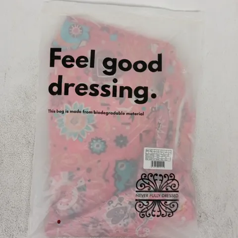 BAGGED NEVER FULLY DRESSED FRUIT STICKER REMI DRESS IN PINK/MULTI SIZE UK 12