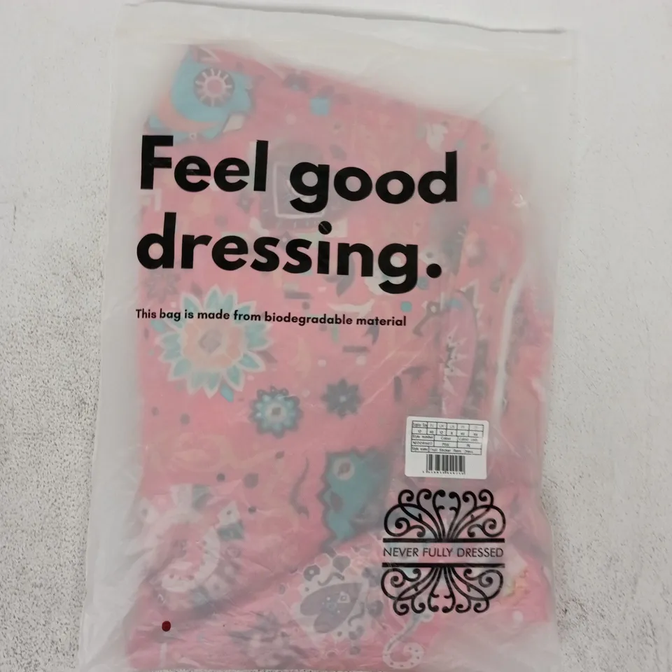 BAGGED NEVER FULLY DRESSED FRUIT STICKER REMI DRESS IN PINK/MULTI SIZE UK 12