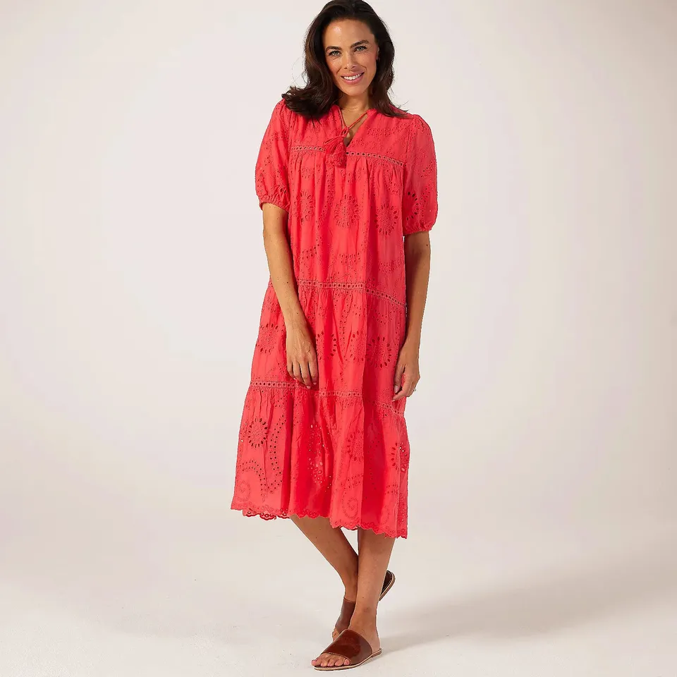 MONSOON APRICOT BRODERIE ANGLAISE TIERED MIDI DRESS WATER MELON MEDIUM