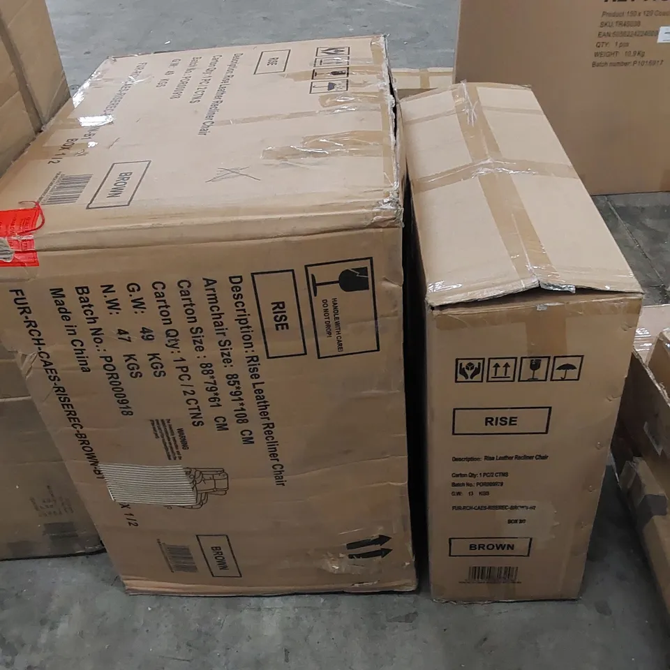 BOXED RISE LEATHER RECLINER CHAIR - BROWN (2 BOXES)