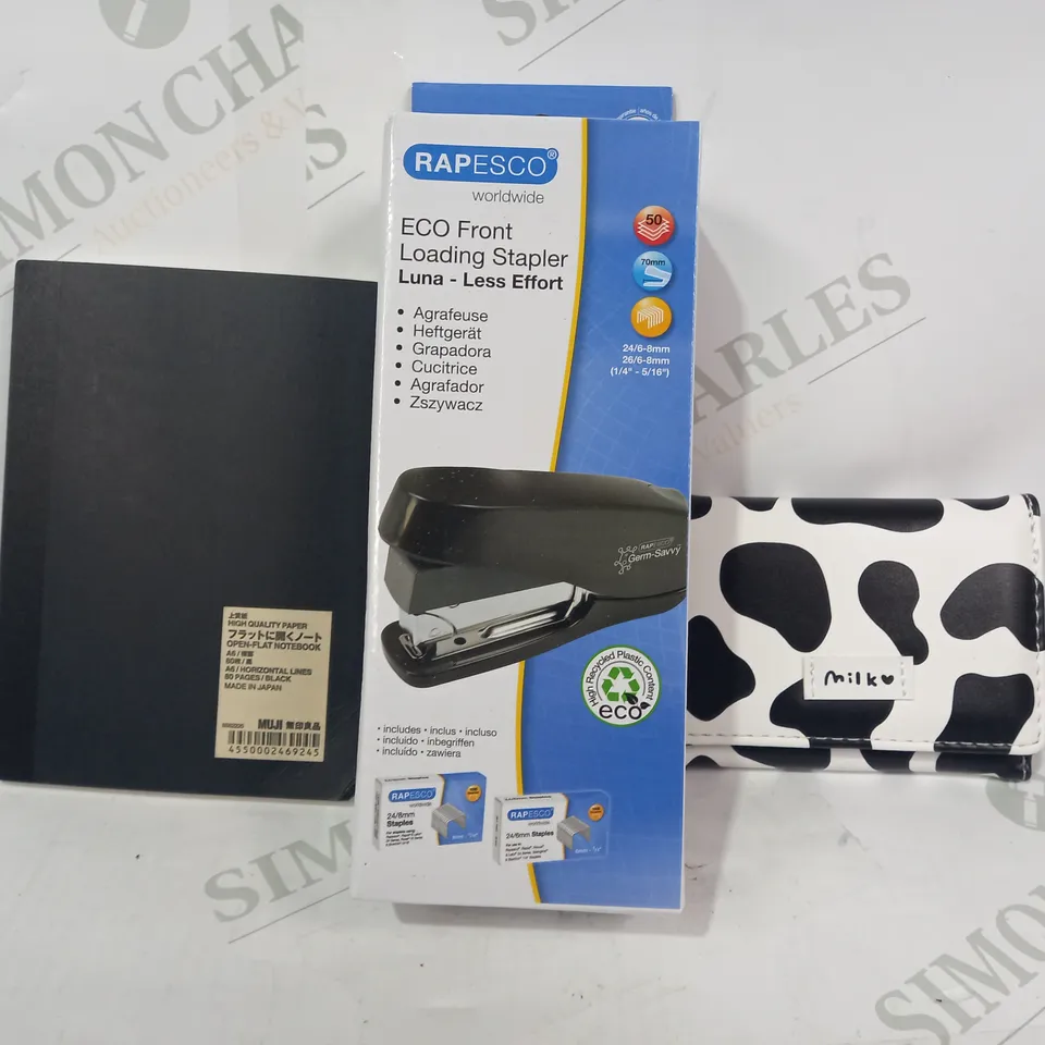 LOT OF APPROXIMATELY 10 ASSORTED HOUSEHOLD ITEMS TO INCLUDE FAUX DAIRY COW SKIN WALLET, ECO FRONT LOADING STAPLER, NOTEBOOK, ETC
