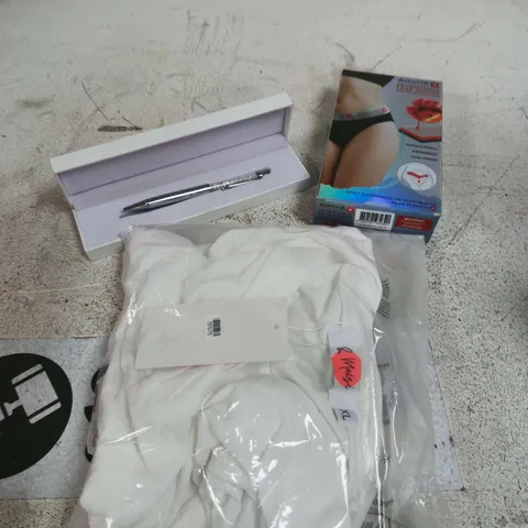 APPROXIMATELY 15 ASSORTED HOUSEHOLD PRODUCTS TO INCLUDE CLOTHING, PERIOD UNDERWEAR, PEN ETC