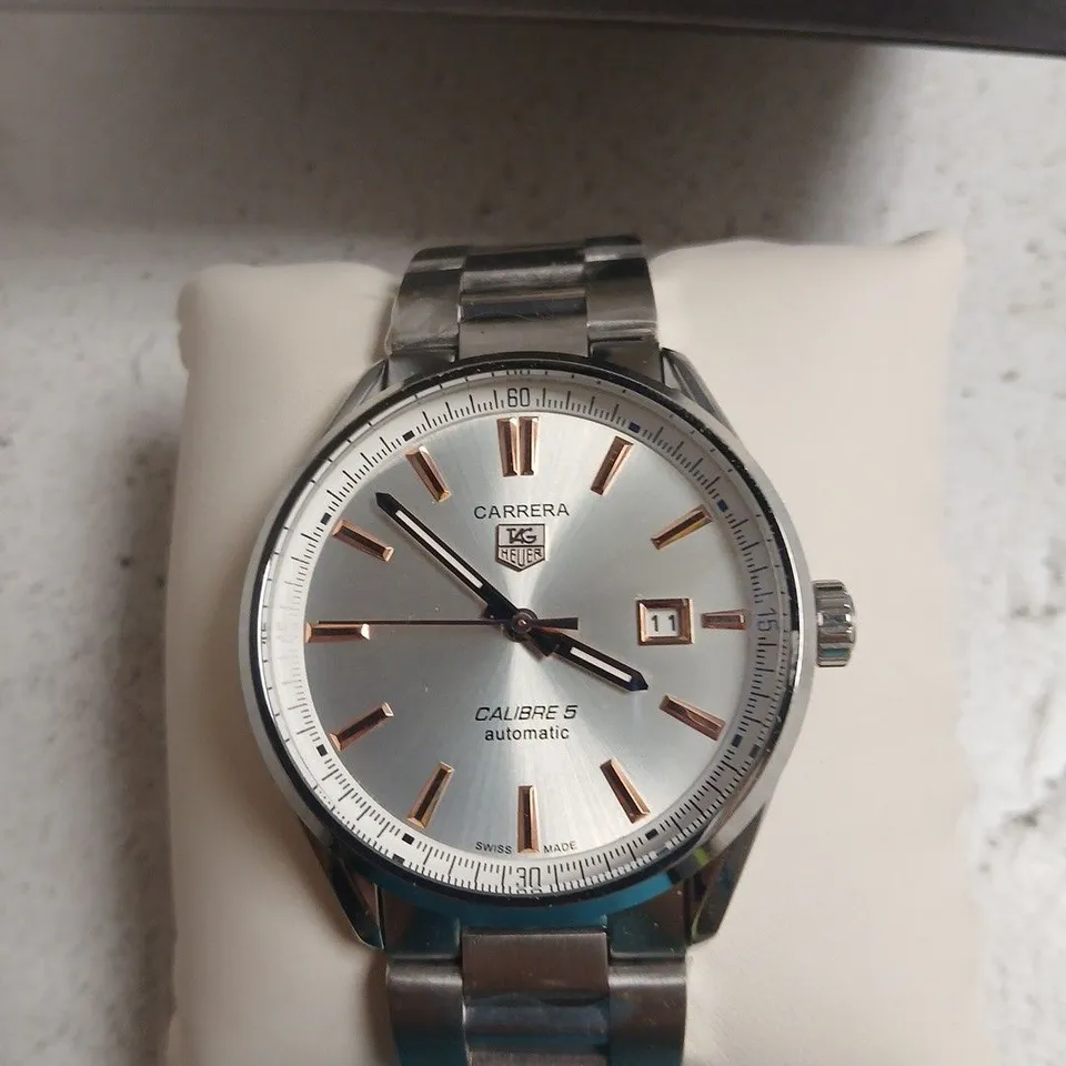 TAG HEUER CARRERA CALIBRE 5 AUTOMATIC STAINLESS STEEL WRISTWATCH – BOXED