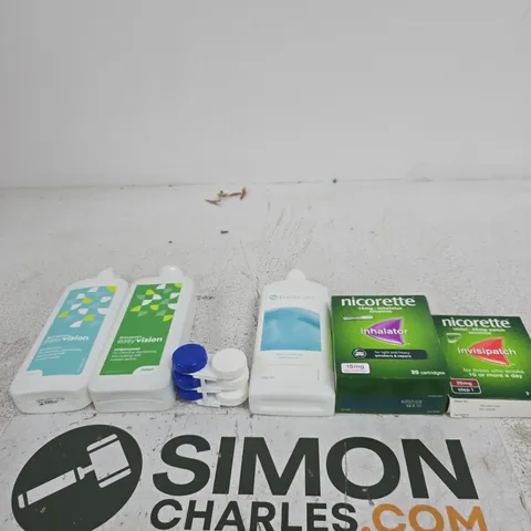 TOTE OF APPROXIMATELY 10 ASSORTED ITEMS INCLUDING NICORETTE INVISIPATCH, NICORETTE INHALATOR AND FRESH CARE ALL IN ONE SOLUTION WITH HYALURON