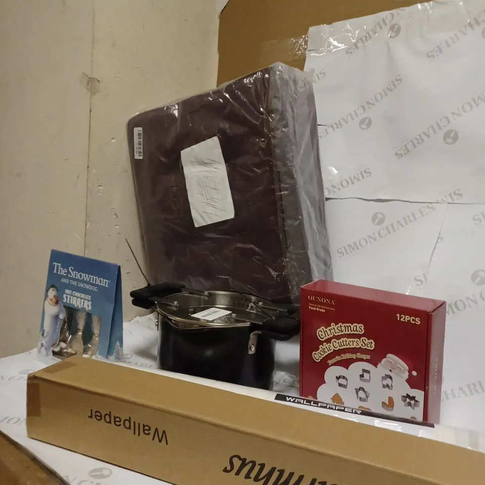 LOT OF ASSORTED ITEMS TOO INCLUDE WALLPAPER , CUTTERS SET AND A STEERING POT