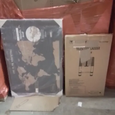 PALLET OF ASSORTED HOUSEHOLD GOODS AND PRODUCTS TO INCLUDE;TELESCOPIC LADDER,WORLD TRAVEL MAP FRAME