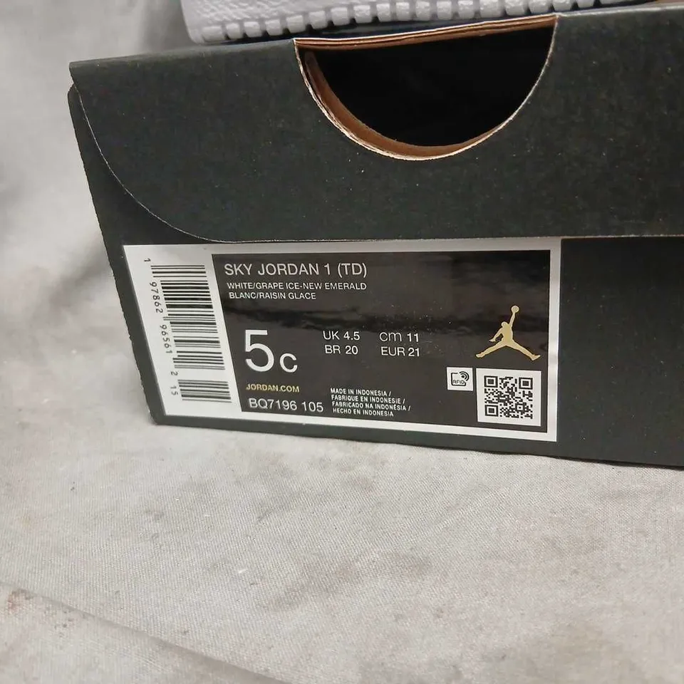 JORDAN SKY JORDAN 1 TD TODDLER SNEAKERS – WHITE/GRAPE ICE/NEW EMERALD SIZE 4.5