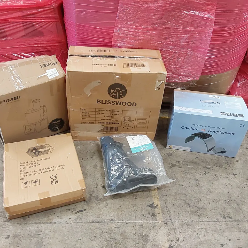 PALLET OF ASSORTED ITEMS INCLUDING: OFFICE CHAIR, FULL-SIZE FOOD PROCESSOR, PDT LED LIGHT THERAPY MACHINE, ANKLE SPLINT, PET PLAYPEN