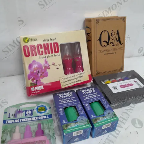 BOX OF APPROXIMATELY 20 ASSORTED ITEMS TO INCLUDE - LIQUID PLANT FOOD, OIL COLOURS, Q&A A DAY BOOK ETC