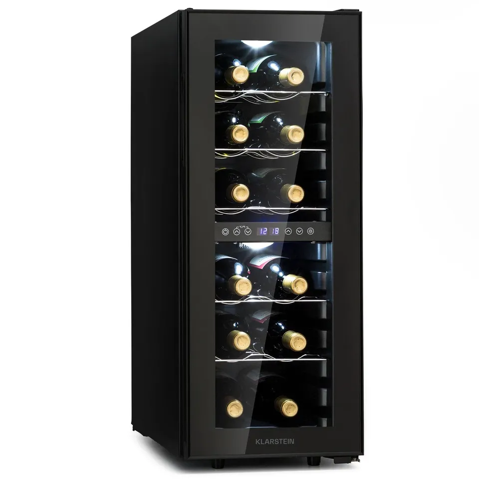 KLARSTEIN SHIRAZ 28.5CM 12 BOTTLES DUAL ZONE WINE FRIDGE BLACK BOXED