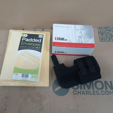 APPROXIMATELY 15 ASSORTED HOUSEHOLD PRODUCTS TO INCLUDE THUMB BRACE, PADDED ENVELOPES, CHILD WINDOW SAFETY LOCKS ETC 
