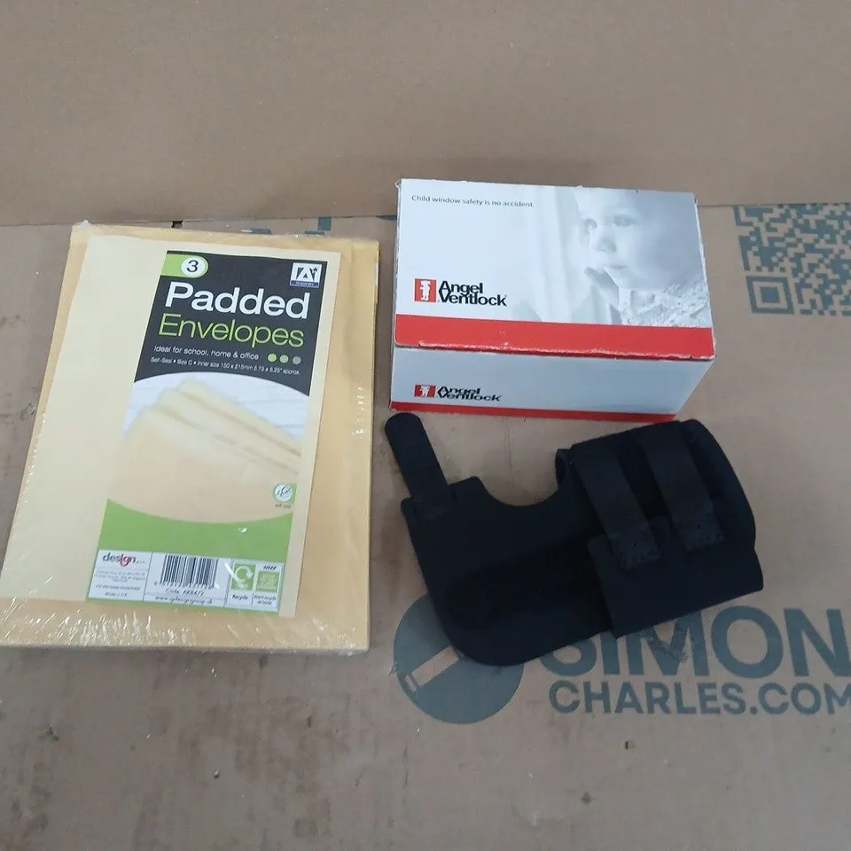 APPROXIMATELY 15 ASSORTED HOUSEHOLD PRODUCTS TO INCLUDE THUMB BRACE, PADDED ENVELOPES, CHILD WINDOW SAFETY LOCKS ETC 