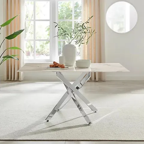 BOXED LEONARDO RECTANGULAR WHITE MARBLE EFFECT GLASS AND SILVER 6 SEATER DINING TABLE (2 BOXES)