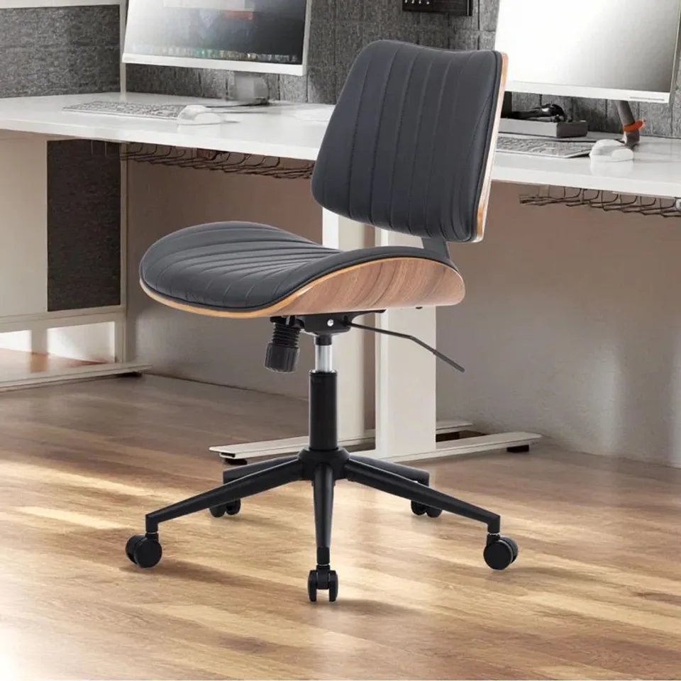 BOXED MID-CENTURY MODERN SWIVEL OFFICE CHAIR FAUX LEATHER SEAT WITH BENTWOOD BACK & BASE