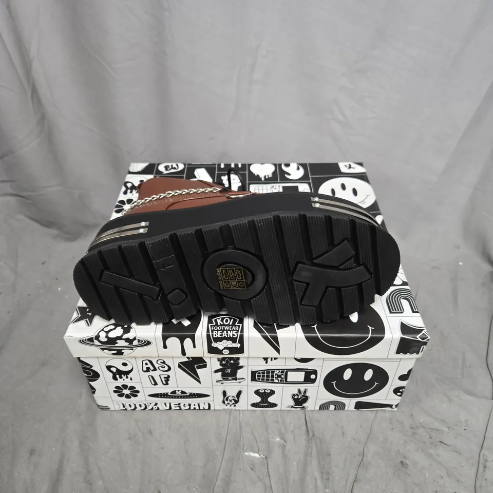 BOXED PAIR OF KOI THE SILENCE PLATFORM GRUNGE BOOTS IN BROWN - UK 4