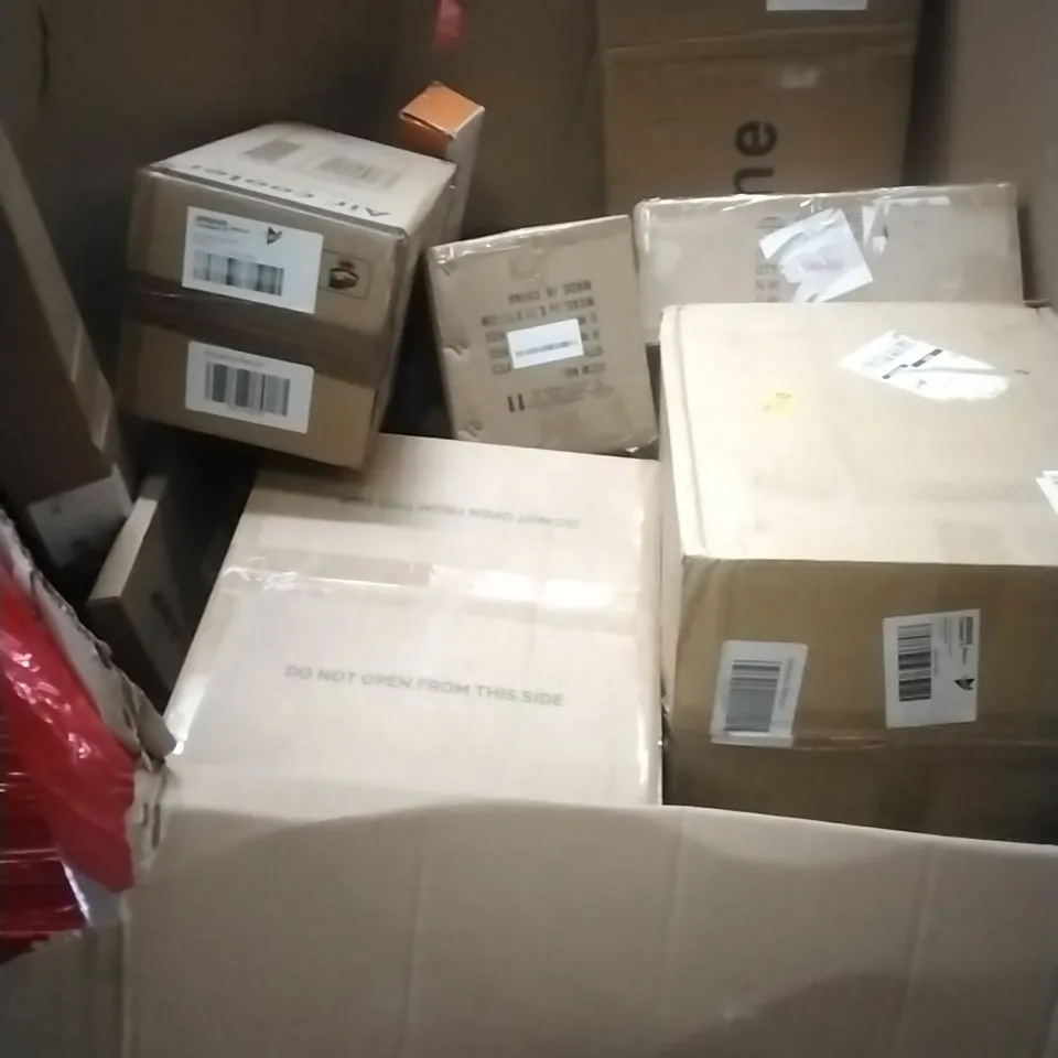 A PALLET CONTAINING ASSORTED HOUSEHOLD GOODS AND PRODUCTS TO INCLUDE; AIR COOLERS, CEILING LAMP, BOXED FURNITURE ETC