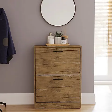 BOXED 2 DRAWER SHOE CABINET, ANTIQUE BROWN