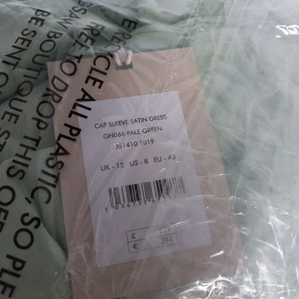 JIGSAW CAP SLEEVE SATIN DRESS – PALE GREEN, UK 12