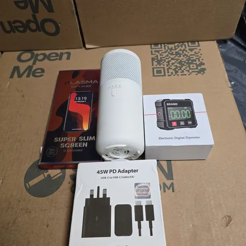 TOTE OF APPROXIMATELY 12 ASSORTED ITEMS TO INCLUDE PHONE CASES, 45W PD ADAPTER, ELECTRONIC DIGITAL DIPMETER ETC