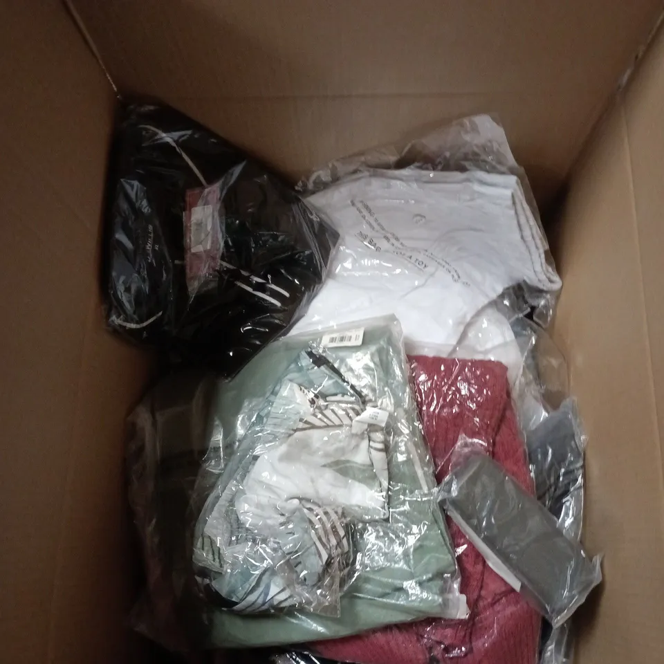 BOX OF APPROXIMATELY 10 ASSORTED CLOTHING ITEMS IN A VARIETY OF SIZES, SHAPES AND COLOURS