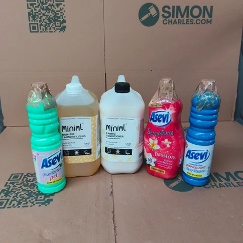 APPROXIMATELY 5 ASSORTED LARGE LIQUIDS TO INCLUDE MINIML LAUNDRY LIQUID, ASEVI FLOOR CLEANER, MINIML FABROC CONDITIONER, ETC