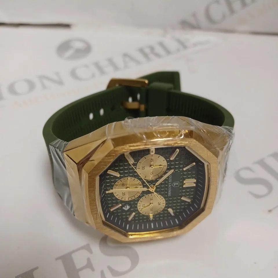 MENS LOUIS LACOMBE CHRONGRAPH WATCH – 3 SUB DIALS – GOLD COLOUR CASE – GREEN RUBBER STRAP