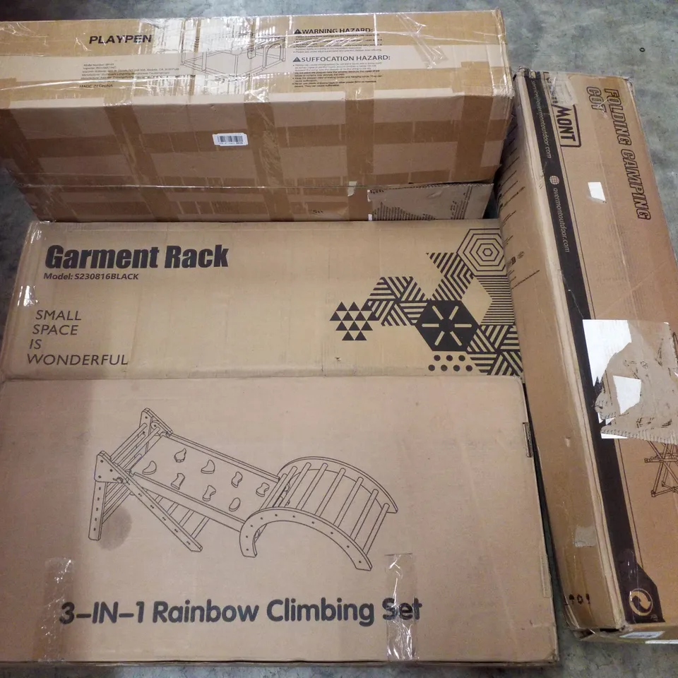 PALLET CONTAINING ASSORTED PRODUCTS INCLUDING PLAYPEN, FOLDING CAMPING COT, GARMENT RACK & 3-IN-1 RAINBOW CLIMBING SET