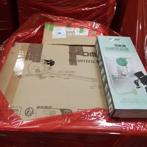 PALLET OF ASSORTED HOUSEHOLD GOODS AND PRODUCTS TO INCLUDE;WINDOW CLEANING TOOL,ROWING MACHINE 