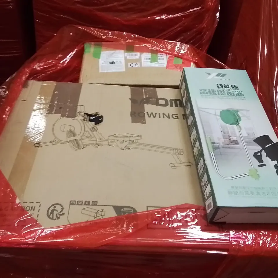 PALLET OF ASSORTED HOUSEHOLD GOODS AND PRODUCTS TO INCLUDE;WINDOW CLEANING TOOL,ROWING MACHINE 