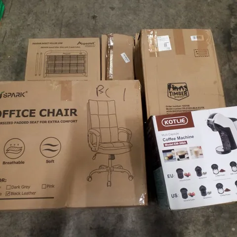 PALLET CONTAINING ASSORTED PRODUCTS INCLUDING OFFICE CHAIR, INDOOR INSECT KILLER, MULTI CAPSULE COFFEE MACHINE, TROLLEY, WALL CLOCK