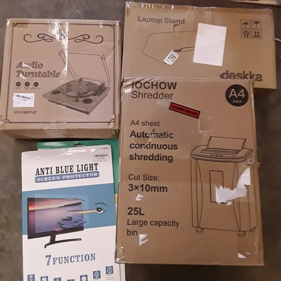 PALLET OF ASSORTED PRODUCTS INCLUDING AUDIO TURNTABLE, LAPTOP STAND, SCREEN PROTECTOR, A4 PAPER SHREDDER, ELECTRIC MUSCLE STIMULATOR, LEGO PORSCHE 911 RSR
