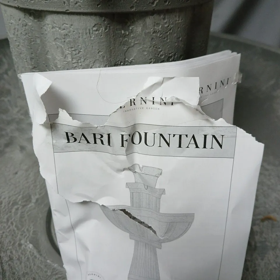 BARI FOUNTAIN GARDEN FOUNTAIN WITH PEDESTAL AND BASIN PARTS NOT CHECKED COMPLETELY .