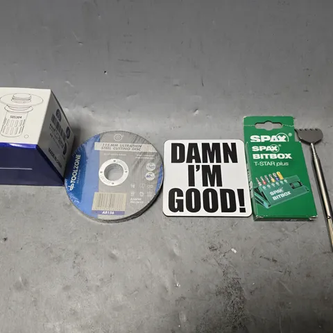 APPROXIMATELY 12 ASSORTED ITEMS TO INCLUDE -SPAX BITBOX T STAR PLUS , DAMN IM GOOD MAT , BACK SCRATCHER ETC