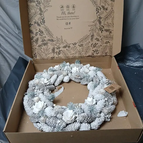 WHITE FROSTED PINE CONE WREATH – HANDMADE CHRISTMAS DECORATION