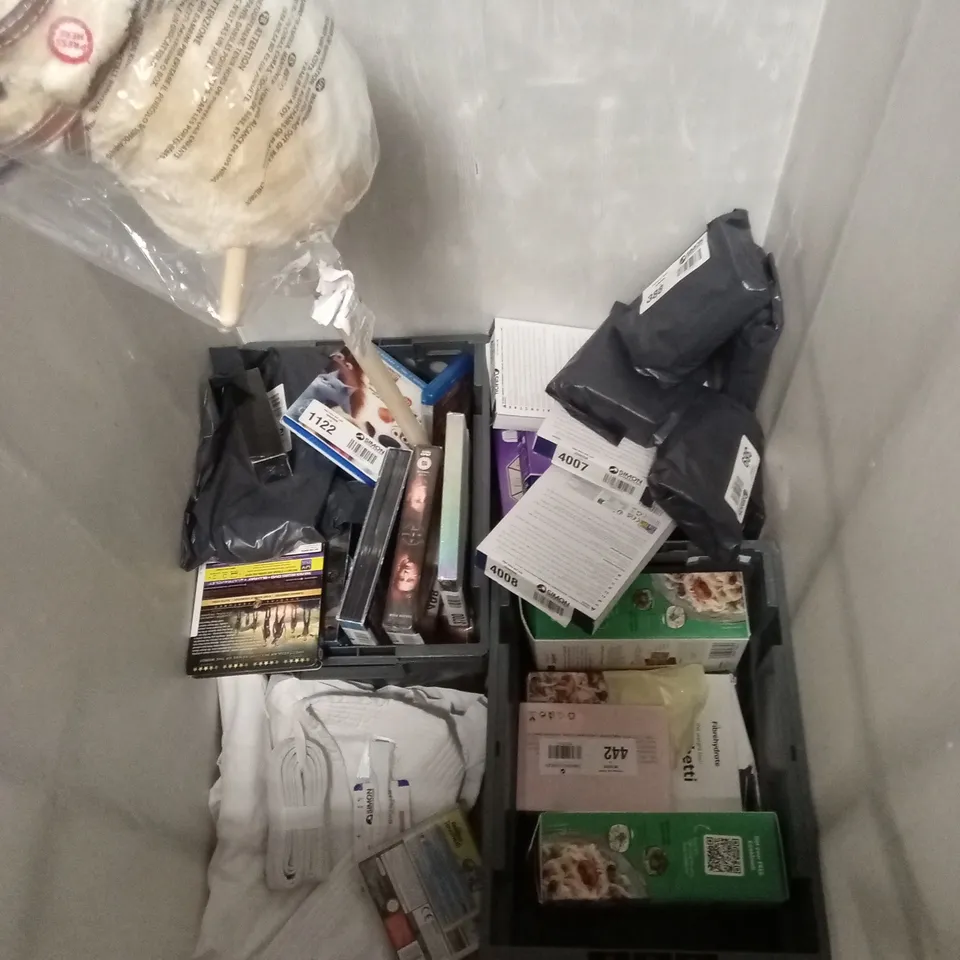 CAGE OF ASSORTED PRODUCTS TO INCLUDE DVD BOX SETS , CD ALBUMS , EVERYDAY PADS , ETC 