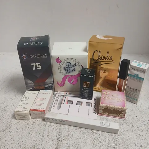 APPROXIMATELY 25 ASSORTED COSMETICS ITEMS TO INCLUDE CLARINS HYDRAQUENCH, REVLON CHARLIE GOLD, GIVENCHY TEINT BALM, ETC - COLLECTION ONLY