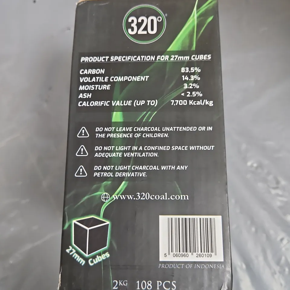 320° PREMIUM COCONUT COAL BRIQUETTES – 27MM CUBES, 2 KG (108 PCS)