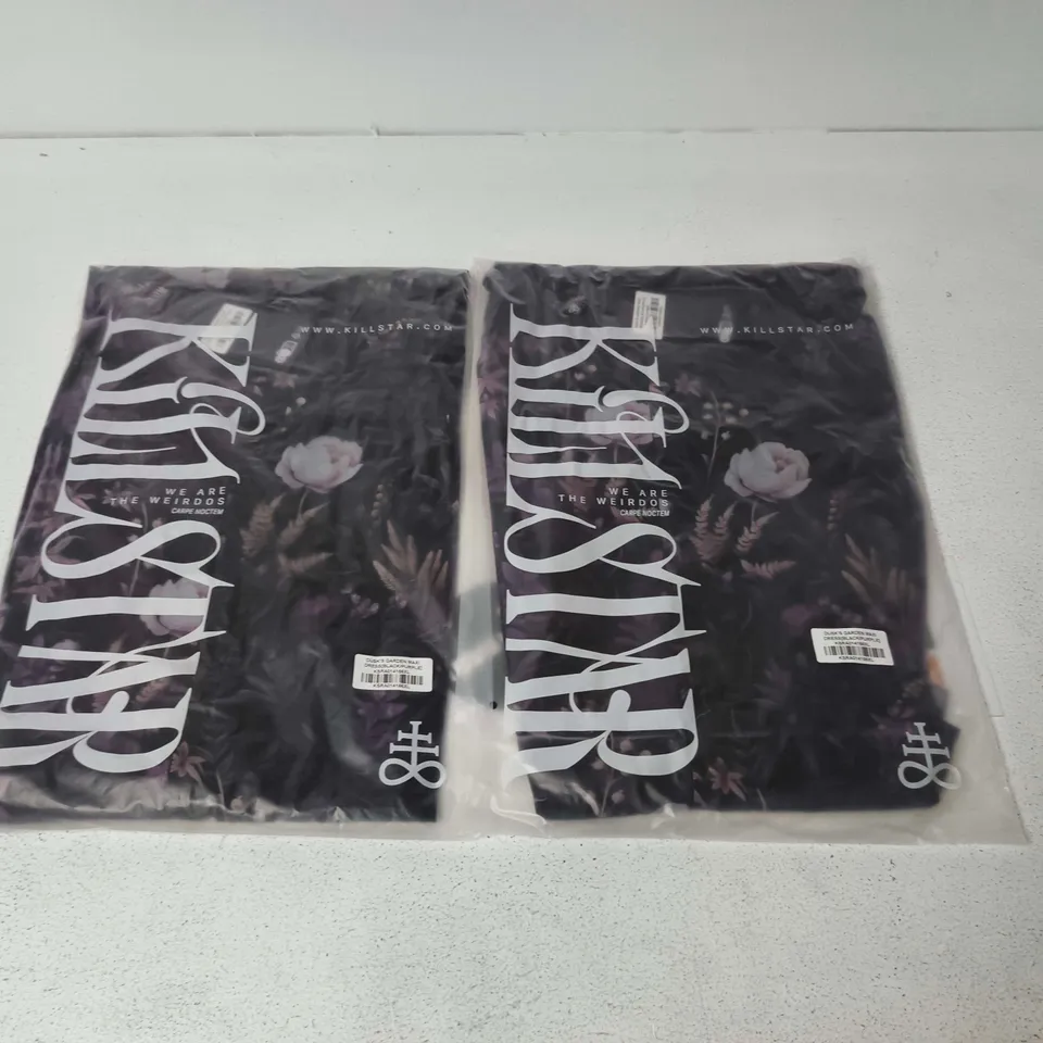 LOT OF APPROXIMATELY 40 BRAND NEW KILLSTAR DUSK GARDEN MAXI DRESSES IN BLACK/PURPLE - VARIOUS SIZES