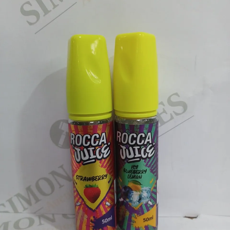 BOX OF APPROX 50 ROCCA JUICE VAPE LIQUID BOTTLES (50ML) IN DIFFERENT FLAVOURS TO INCLUDE - STRAWBERRY & ICY BLUEBERRY LEMON -  COLLECTION ONLY