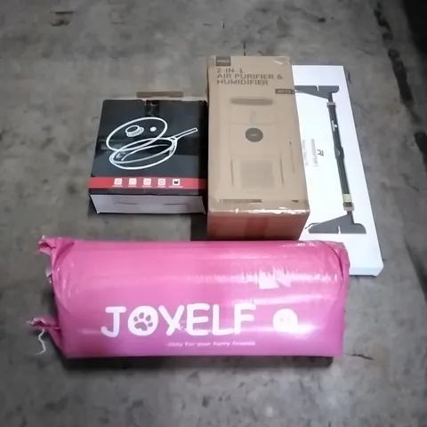 PALLET OF ASSORTED HOUSEHOLD GOODS AND PRODUCTS TO INCLUDE; AIR PURIFIER, PAN, DOOR WAY CHIN-UP BAR ETC