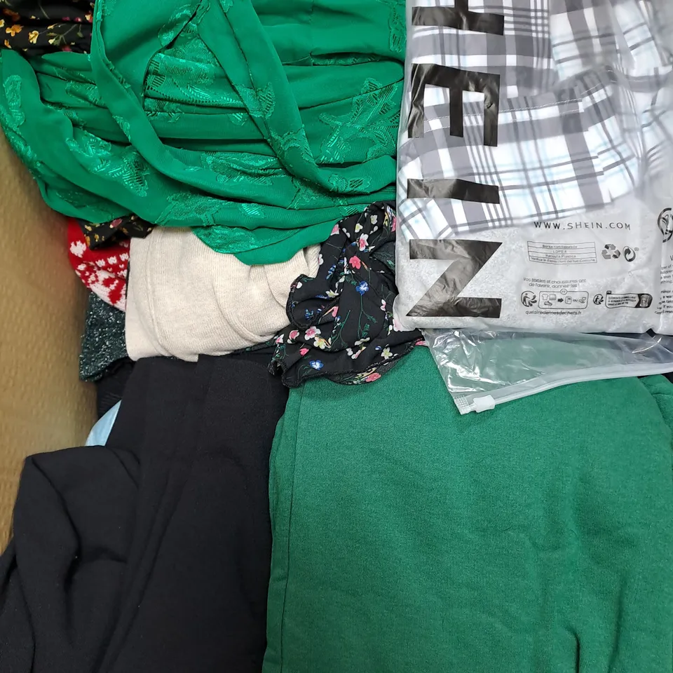 BOX OF ASSORTED CLOTHING ITEMS TOO INCLUDE JUMPERS, SHIRTS AND TROUSERS IN VARIOUS SIZES AND COLOURS   