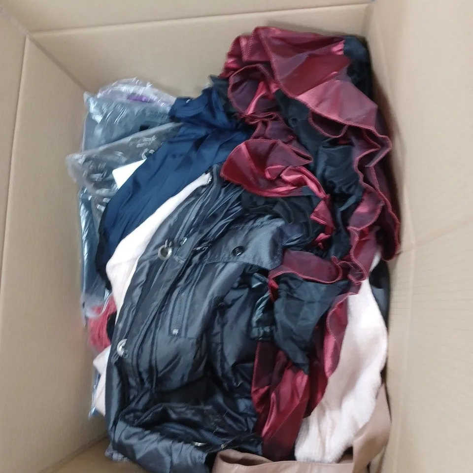 BOX OF ASSORTED CLOTHING ITEMS TO INCLUDE TRACKPANTS, SKIRTS, TOPS ETC 