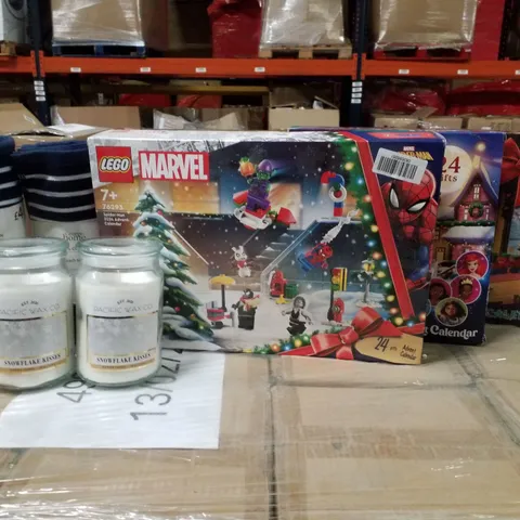 PALLET CONTAINING ASSORTED PRODUCTS INCLUDING BEACH TOWELS, PACIFIC WAX CO. SNOWFLAKE KISSES SCENTED CANDLES & ASSORTED LEGO ADVENT CALENDARS 