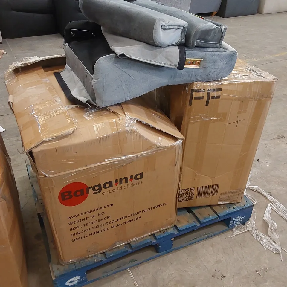 PALLET OF ASSORTED INCOMPLETE RECLINER CHAIR PARTS AND PIECES 