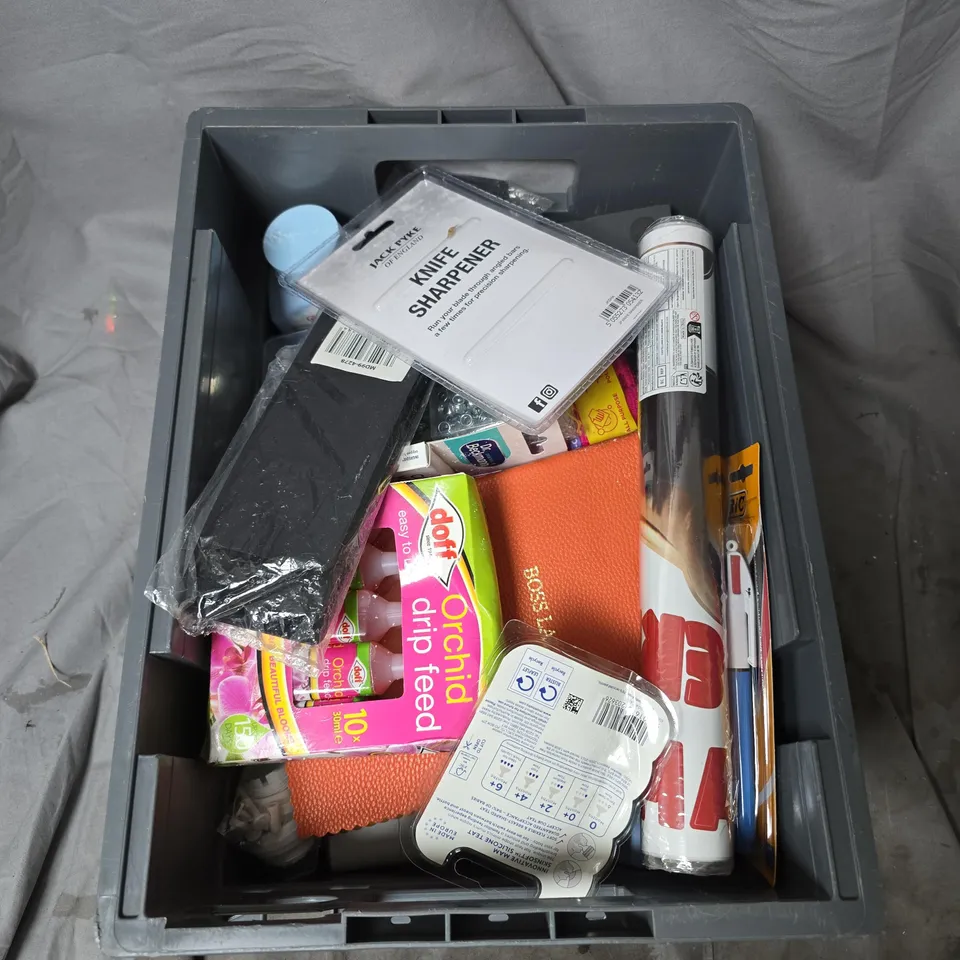 APPROXIMATELY 10 ASSORTED GARDEN & HOUSEHOLD ITEMS IN CRATE – ORCHID DRIP FEED, KNIFE SHARPENER 