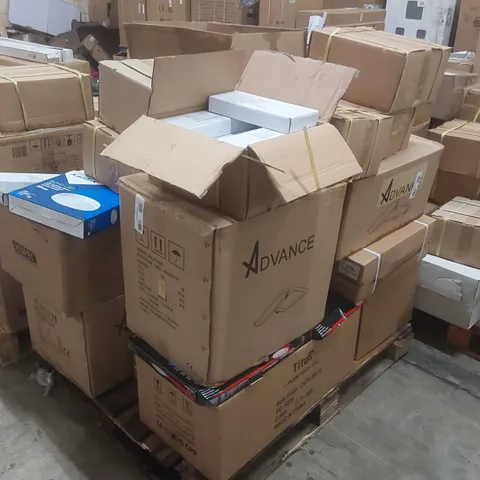 PALLET CONTAINING A VERY LARGE QUANTITY OF ASSORTED LIGHTING PRODUCTS TO INCLUDE: KANLUX BENO LED LIGHTING FIXTURES WITH MICROWAVE MOTION SENSORS, LED EMERGENCY MODULES, LED PANEL LIGHTS ECT