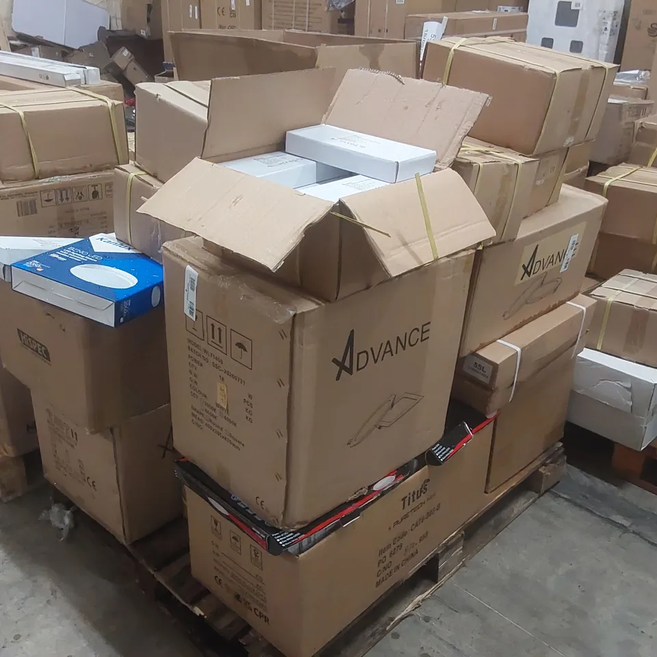 PALLET CONTAINING A VERY LARGE QUANTITY OF ASSORTED LIGHTING PRODUCTS TO INCLUDE: KANLUX BENO LED LIGHTING FIXTURES WITH MICROWAVE MOTION SENSORS, LED EMERGENCY MODULES, LED PANEL LIGHTS ECT